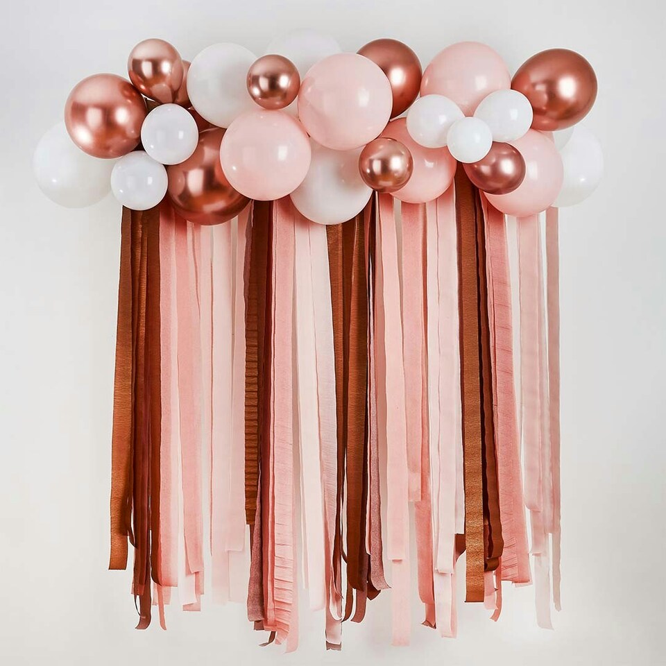 image 1 of Rose Gold Metallic Balloon & Streamer Backdrop Kit