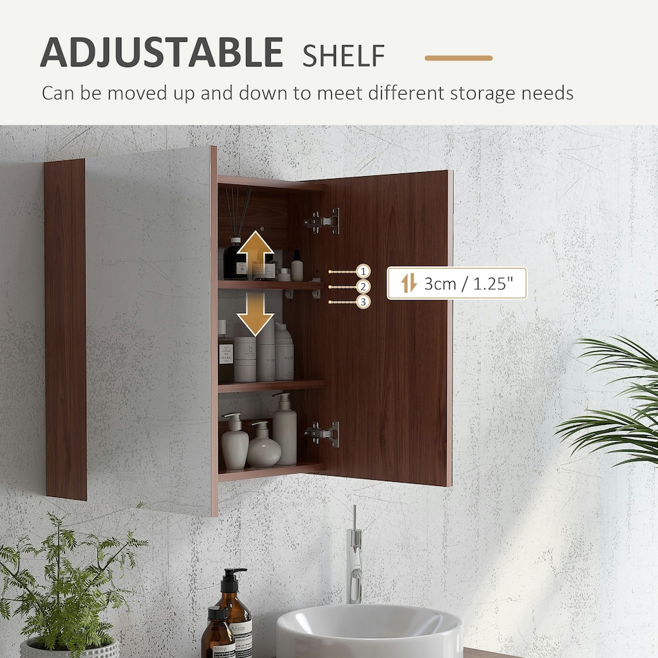 image 1 of kleankin 63Wx60H cm Double Door Wall-Mount Bathroom Mirrored Cabinet Medicine