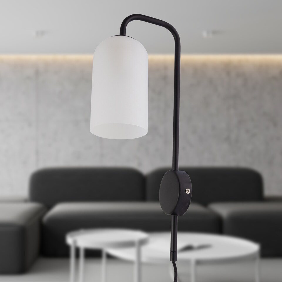 image 1 of Set of 2 Victoria - Black Plug in Wall Lights Frosted Glass Shades | Black | White | 2