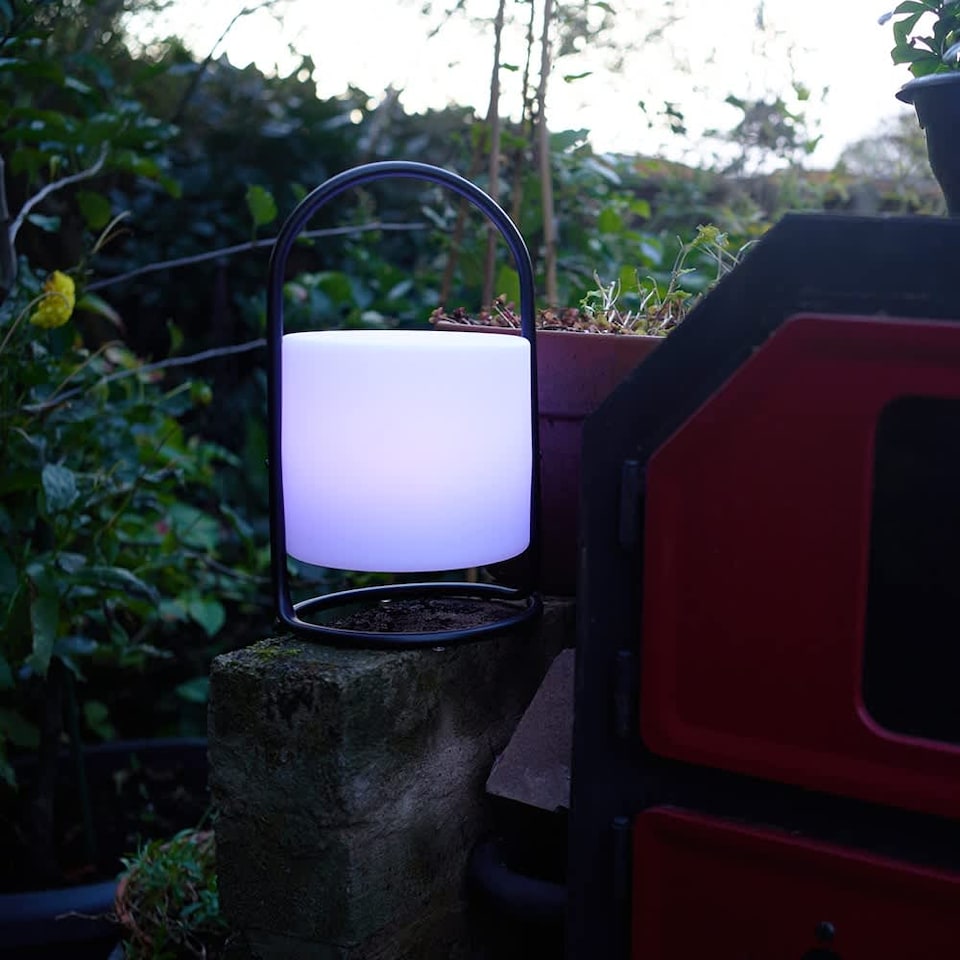 image 1 of ValueLights Corte Black Outdoor Table Lamp Dimmable White Cylinder Shade