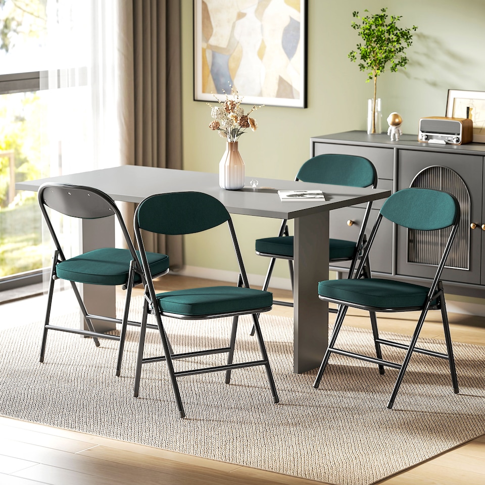 image 1 of HOMCOM Folding Chairs Set of 4 with Cushioned Seat, Steel Frame, Teal | Green | Teal green | One Size