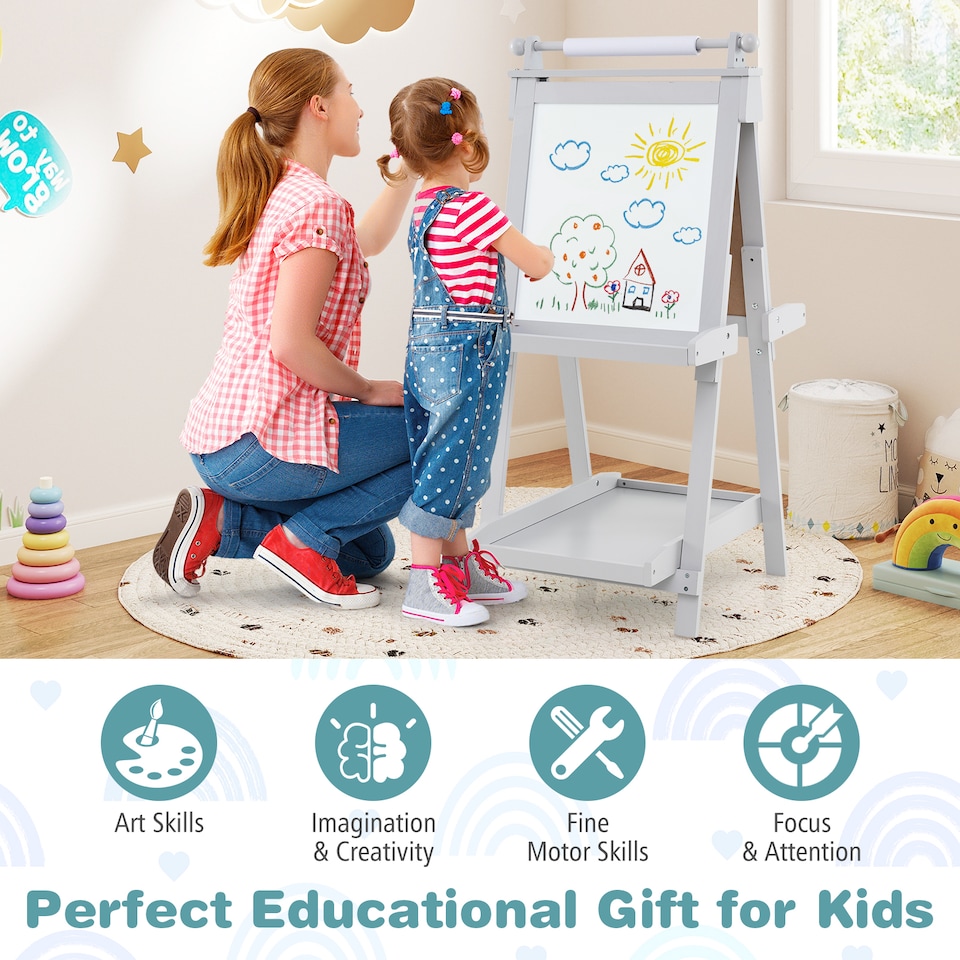 image 1 of COSTWAY Foldable Easel Kids 3-in-1 Double-sided Art Easel w/Chalkboard-Grey