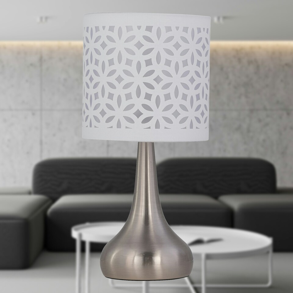 image 1 of Set of 2 Romana - Brushed Chrome Touch Operated Table Lamps Bedside Lights White Laser Cut Shade Silver | White