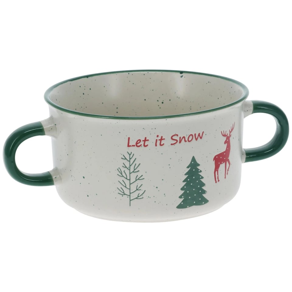 image 1 of Christmas Soup Mugs Jumbo Stoneware Two Handle Festive Xmas Bowls | Multi | Set of 4