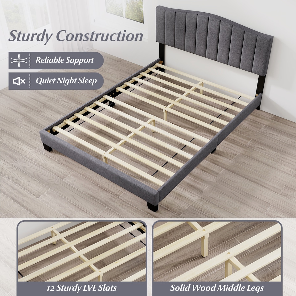 image 1 of COSTWAY Double Upholstered Bed Frame with Headboard Grey