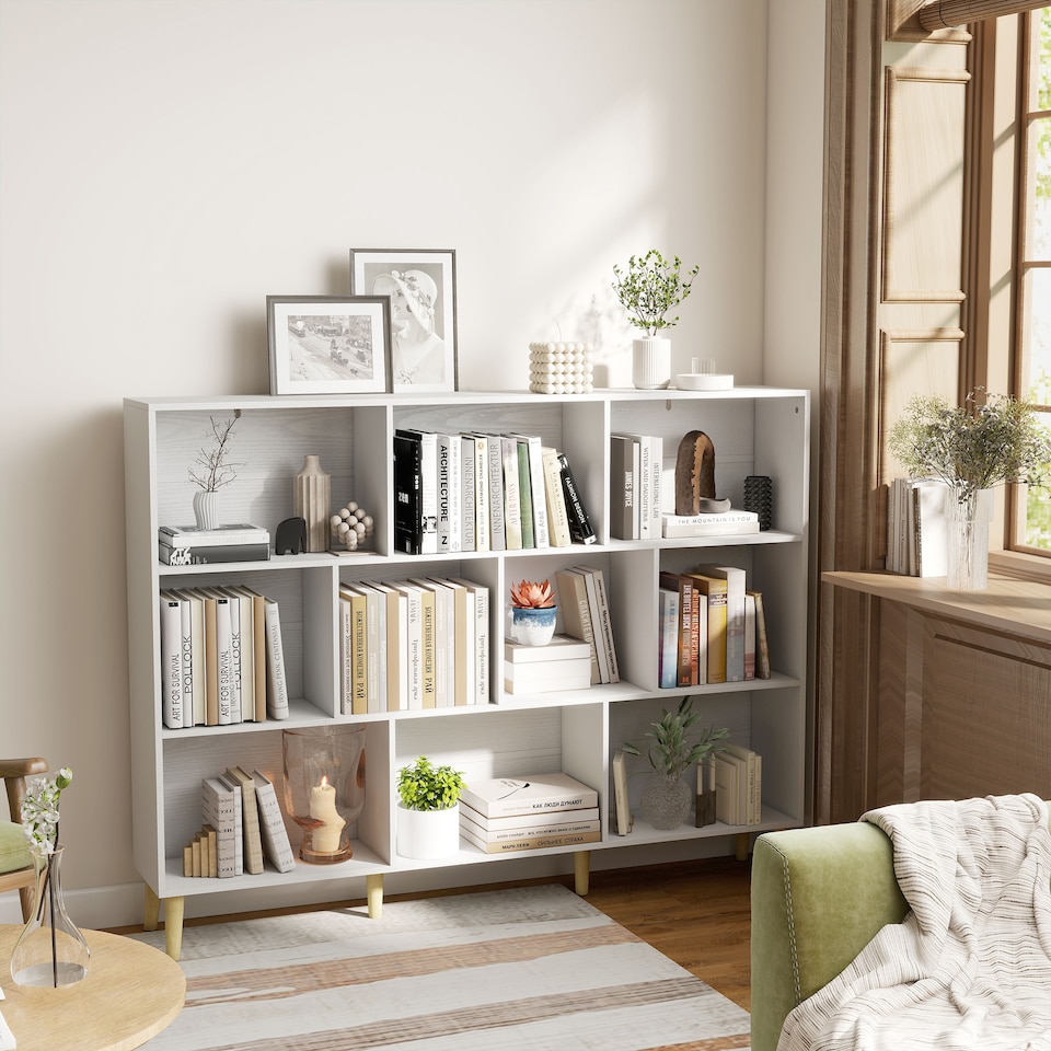 image 1 of HOMCOM Bookshelf with 10 Cubbies, 3-Tier Book Shelf with Wood Legs, White