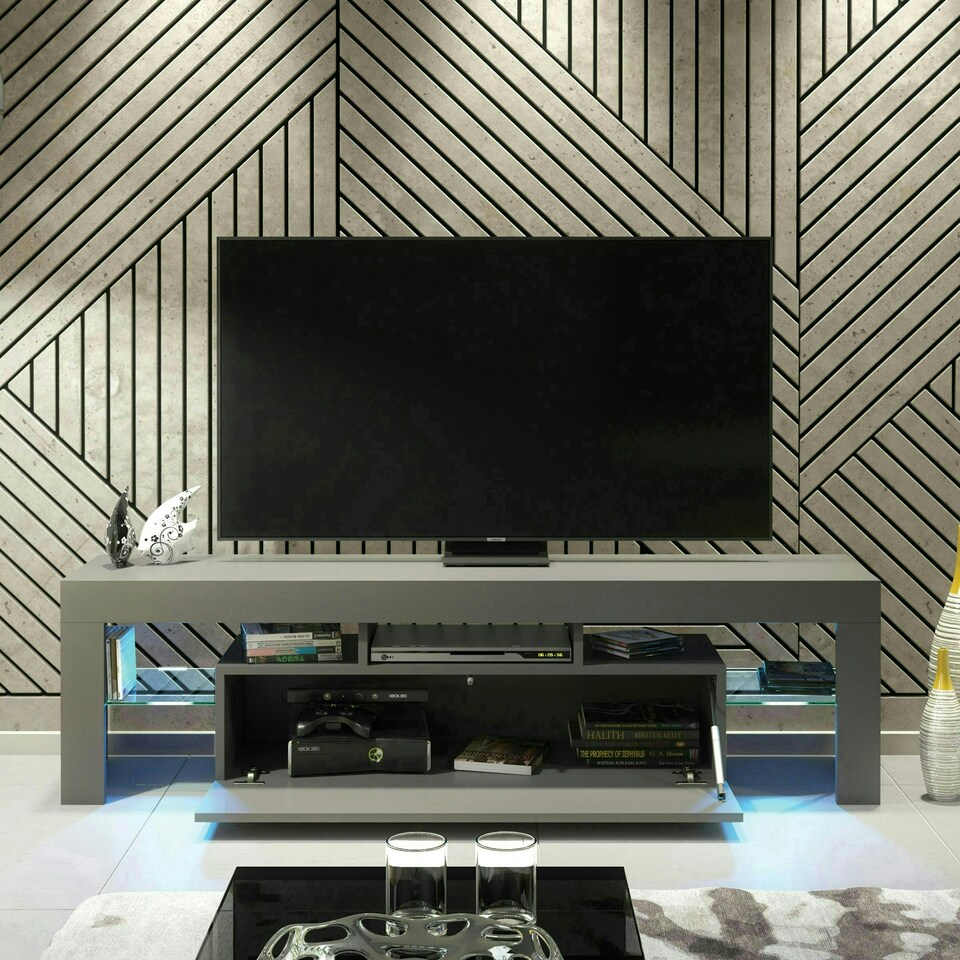 image 1 of TV Unit 160cm Grey Gloss Door Grey Matt Body with LED and Glass Sides Grey