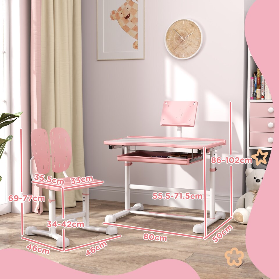 image 1 of AIYAPLAY Height Adjustable Kids Desk and Chair Set w Tilted Desktop | Pink