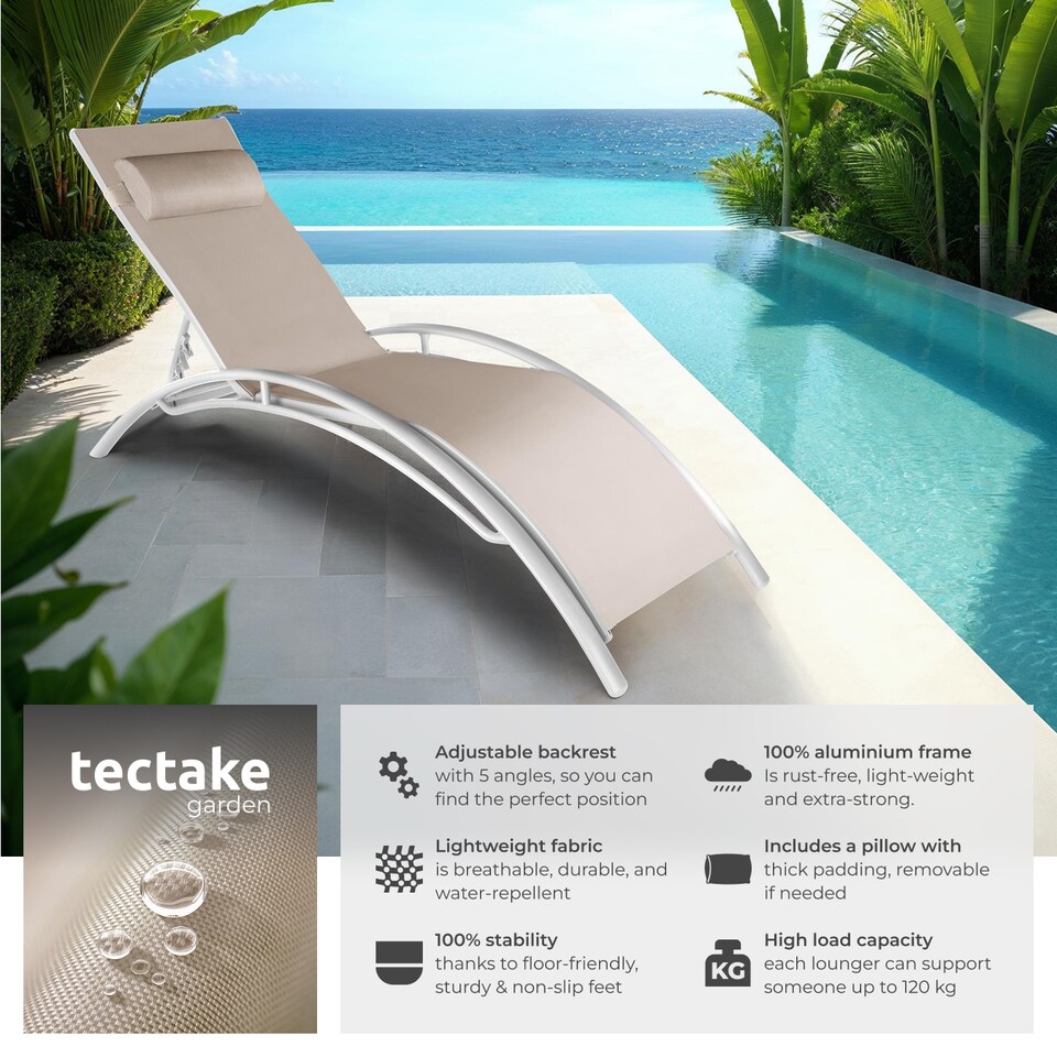 image 1 of Sun Lounger Set of 2 Alina - 5-step backrest, head cushion, aluminium frame | Cream | beige | 2