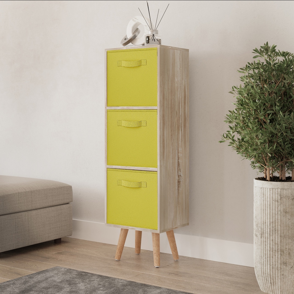 image 1 of Antique Oak 3-Tier 3-Drawer Cube Shelving Unit with Scandinavian Legs | Yellow | Yellow & Beech | 1