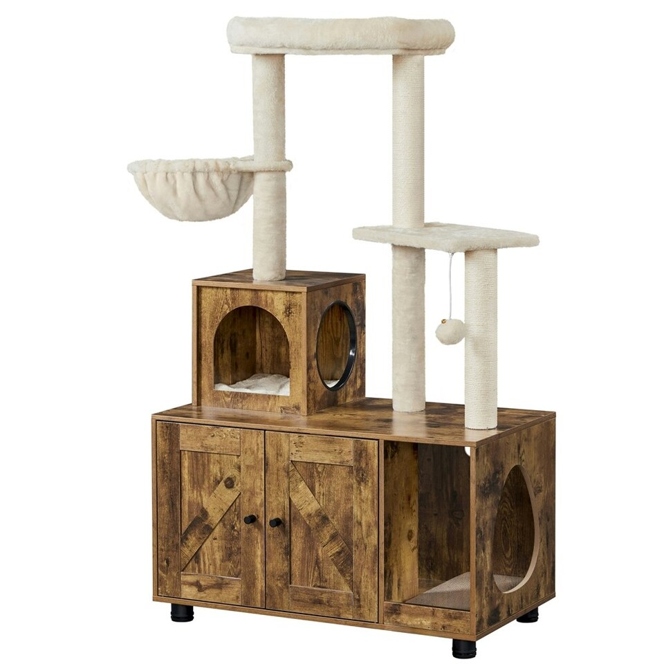 image 1 of Yaheetech Litter Box Enclosure with Cat Tree Tower Brown | Rustic Brown/Beige | One Size