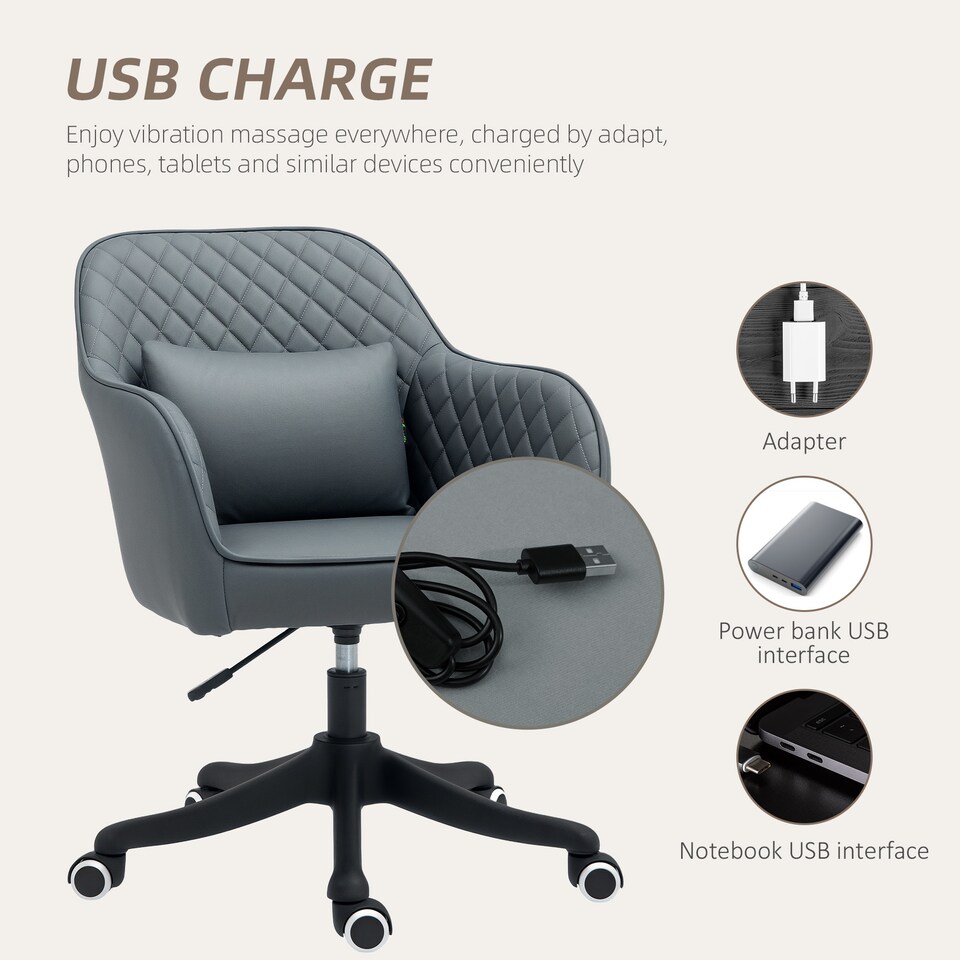 image 1 of Vinsetto Microfiber Office Chair, Desk Chair, Makeup Vanity Chair with Massage Lumbar Pillow and Rolling Wheels for Bedroom and Home, Grey