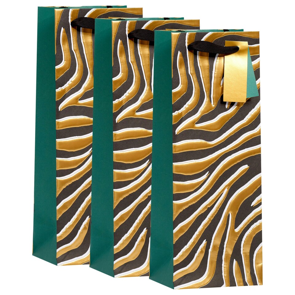 image 1 of Multipack of 3 Bottle Gift Bags | Party Bags for Presents | Birthdays/Thank You | For Her/Friend | Animal Print Design Gold