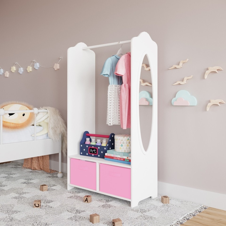 image 1 of Kids MDF Wooden Hanging Clothes Rail Wardrobe Storage Shelves with Inserts Mirror | Pink | Light Pink