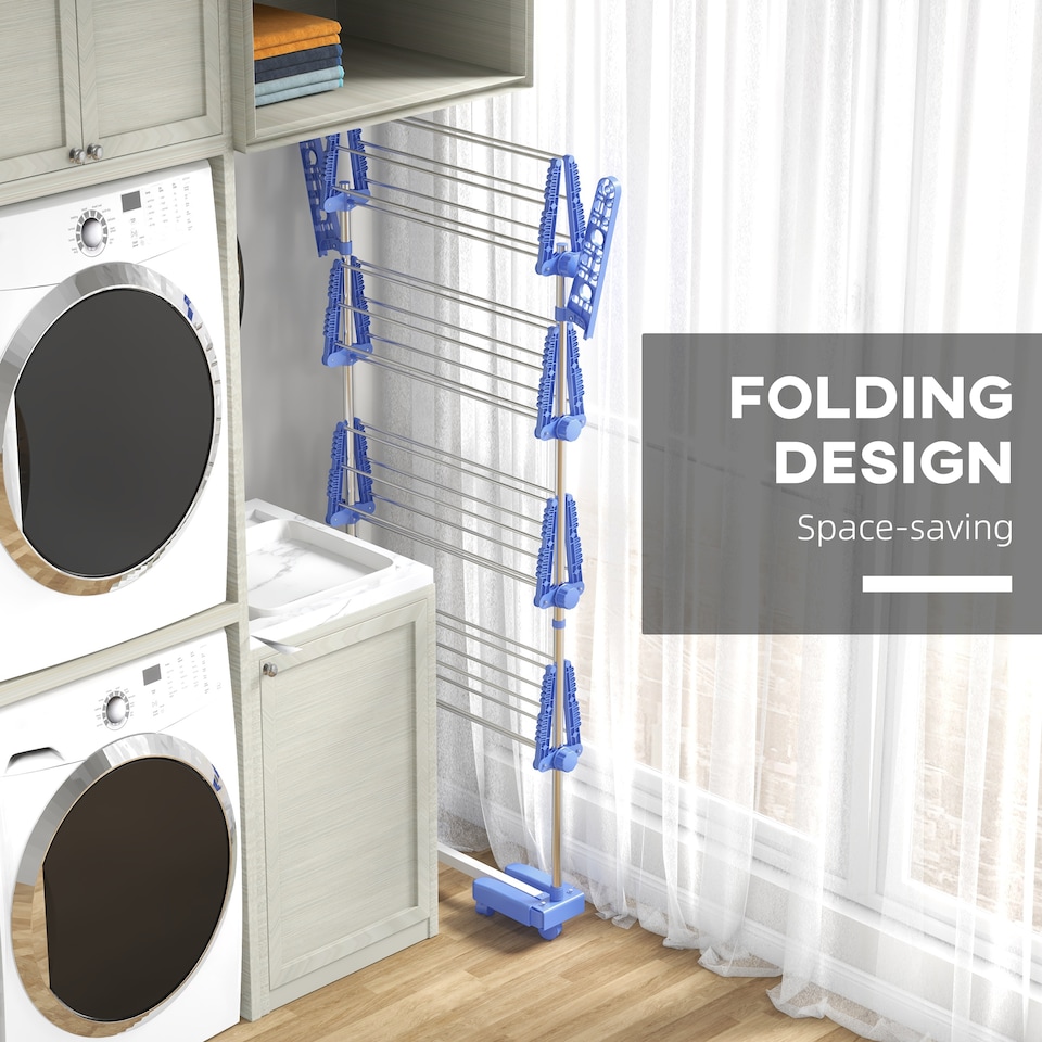 image 1 of HOMCOM 4-Tier Clothes Airer, Stainless Steel Foldable Clothes Drying Rack with Wheels and Wings, Indoor and Outdoor, Easy Assembly, 142 x 55 x 172cm, Blue