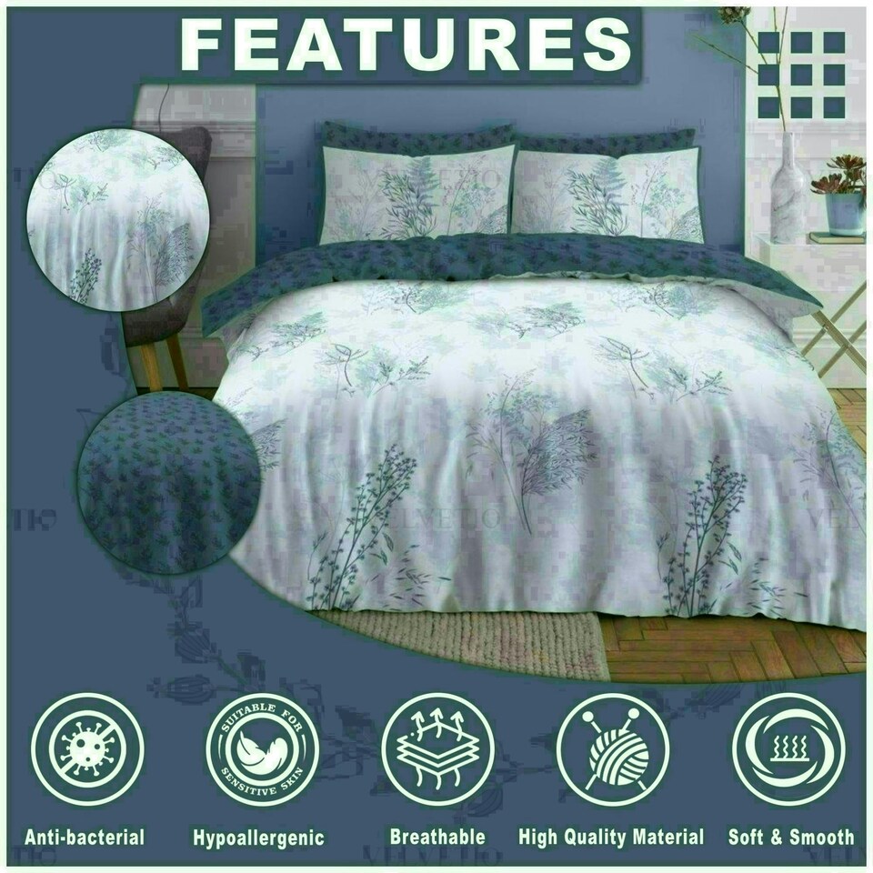 image 1 of Bluebell Floral Printed Duvet Cover Set Reversible Polycotton Beddings Grey | King