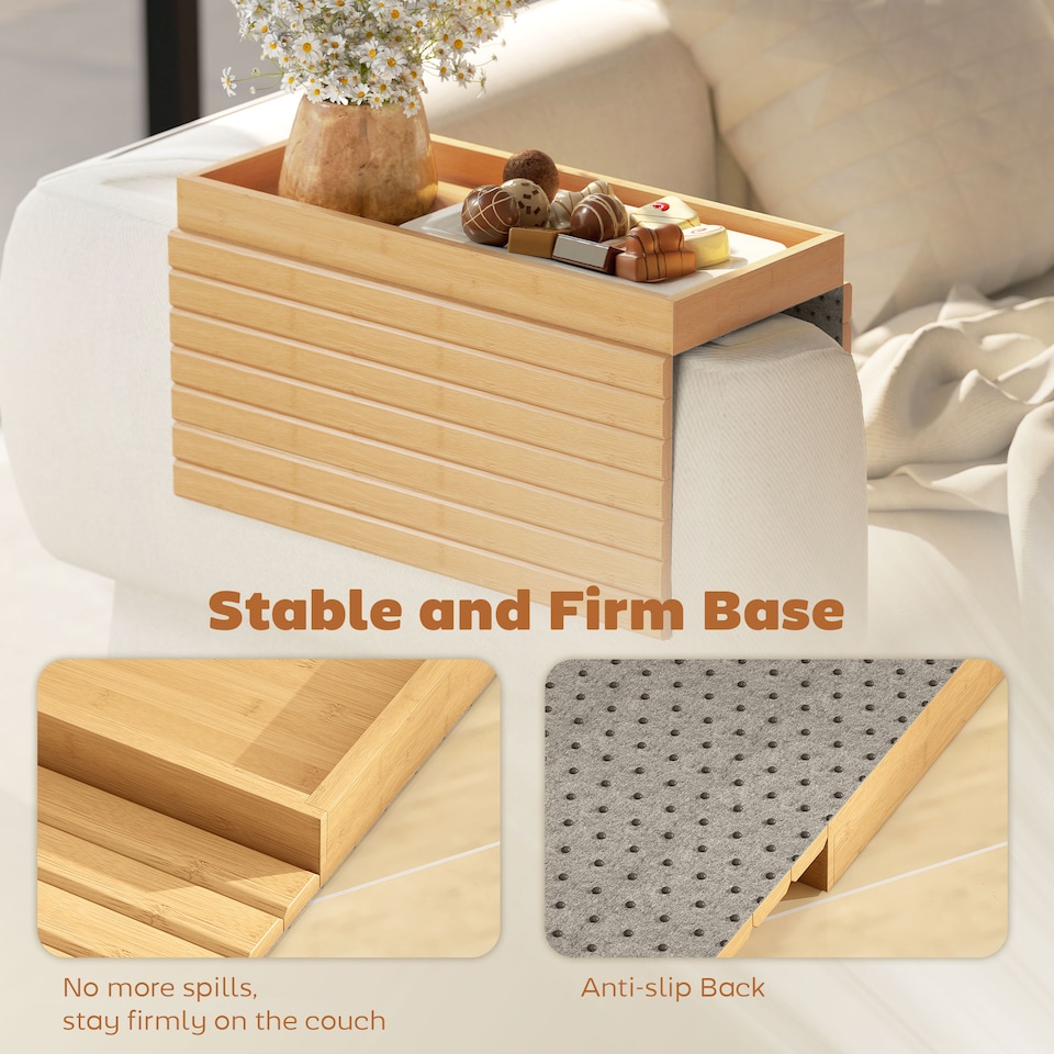 image 1 of HOMCOM Bamboo Sofa Arm Tray, Foldable Anti-Slip Armrest Tray for Drinks