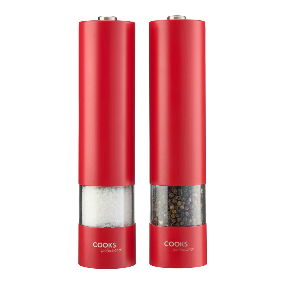 image 1 of Cooks Professional Electric Salt & Pepper Mill Set | Adjustable Grind Settings | Simple One-Button Operation | Red