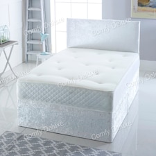 2FT6 Small Single White Crush Velvet Divan Bed With Headboard & Memory Sprung Mattress 2 Drawers Same Side