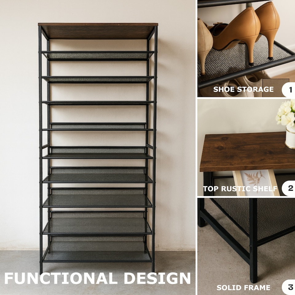 image 1 of Industrial 10 Tier Shoe Rack Hallway Organiser Rustic