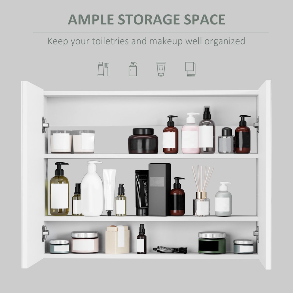 image 1 of HOMCOM Bathroom Mirror Cabinet Wall Mounted, Modern Bathroom Wall Cabinet with 2 Mirrored Doors and Adjustable Shelf, 80 x 15 x 60 cm, White