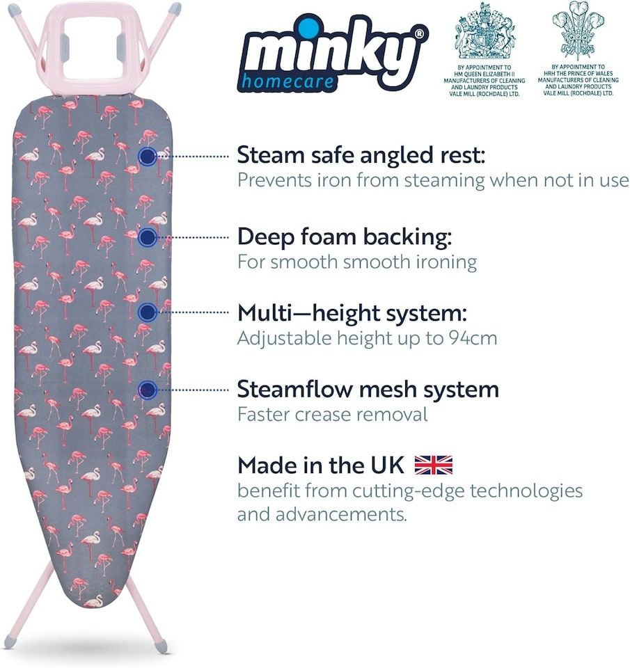 image 1 of Minky Ironing Board - Flamingo, Ironing Board Cover Included,122 x 38 cm | Grey