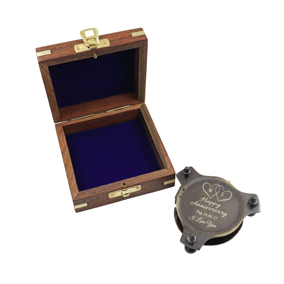 image 1 of Engraved 3-Inch Gunmetal Sundial Compass with Wooden Box