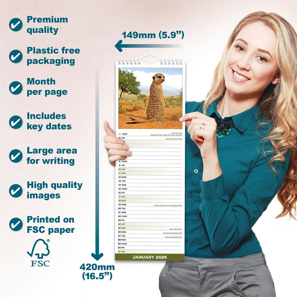 image 1 of Meerkats Slim 2026 Calendar | Slimline Wall Calendar | Animal Gift | Plastic Free Packaging | by Avonside Publishing [Calendar] Avonside Publishing Ltd