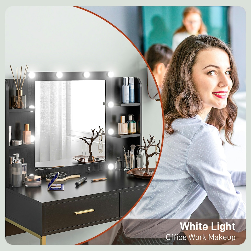 image 1 of HOMCOM Makeup Vanity Desk Set with Lighted Mirror, Stool, Drawers, Black
