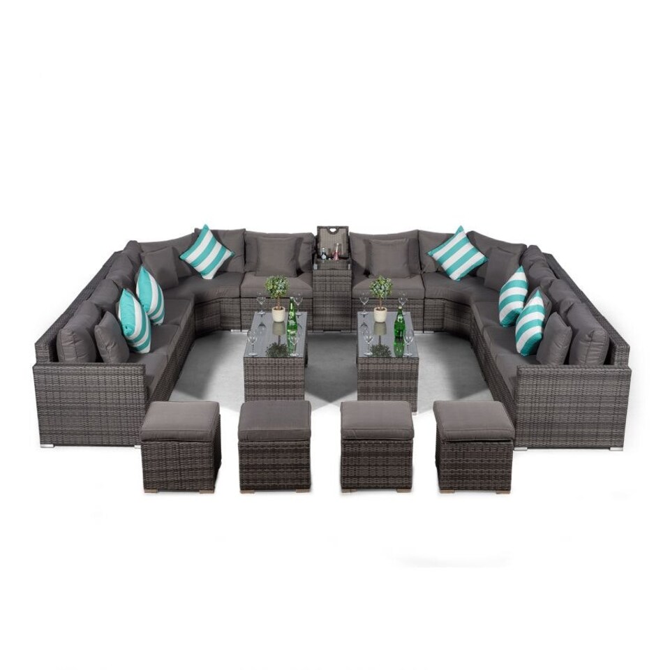 image 1 of Santorini U Shape Modular 10 Seat Rattan Sofa Set With Armrest Drinks Cooler, 2 Coffee Tables & 4 Stools Grey | Grey