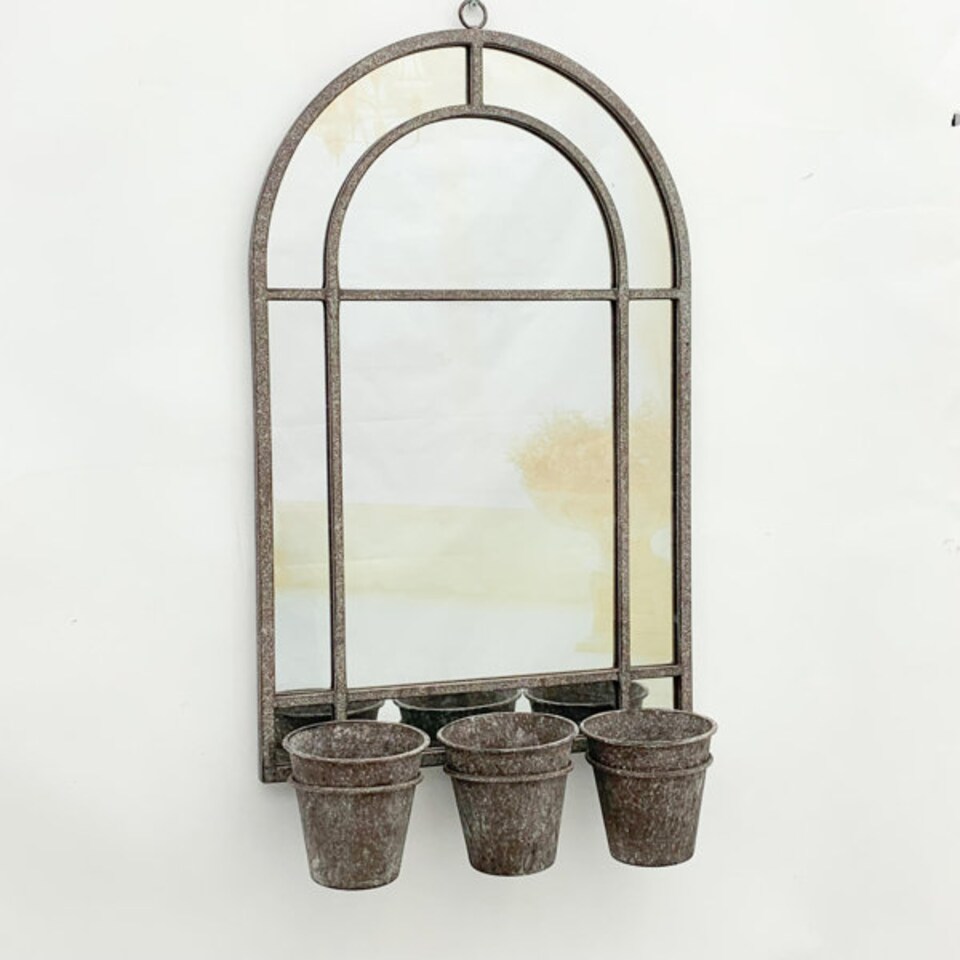 image 1 of Wall Mirror with Triple Planter - Distressed Metal - L15 x W45 x H78 cm | Grey