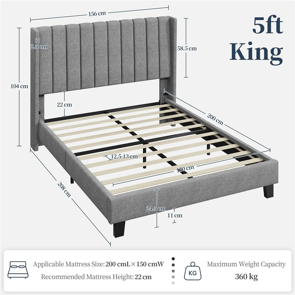 image 1 of Yaheetech 150 cm W × 200 cm L Upholstered Bed Frame with Wing Side Light Grey
