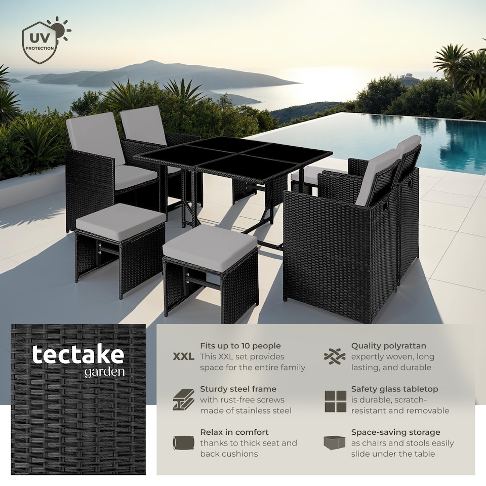 image 1 of Garden Table and Chairs Bilbao - 8 seats, weather and UV-resistant, rain cover | Black | black/grey | 1