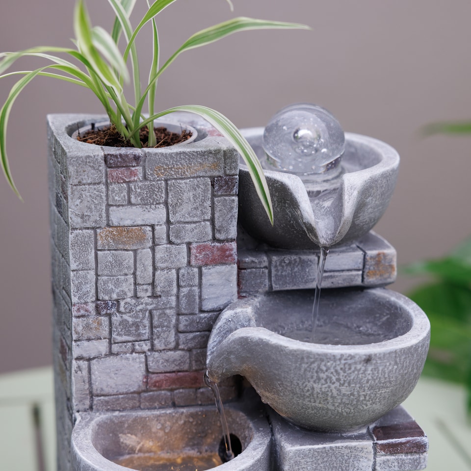 image 1 of Rustic Cascading Bowls Tabletop Water Feature With Sphere & LED Lights