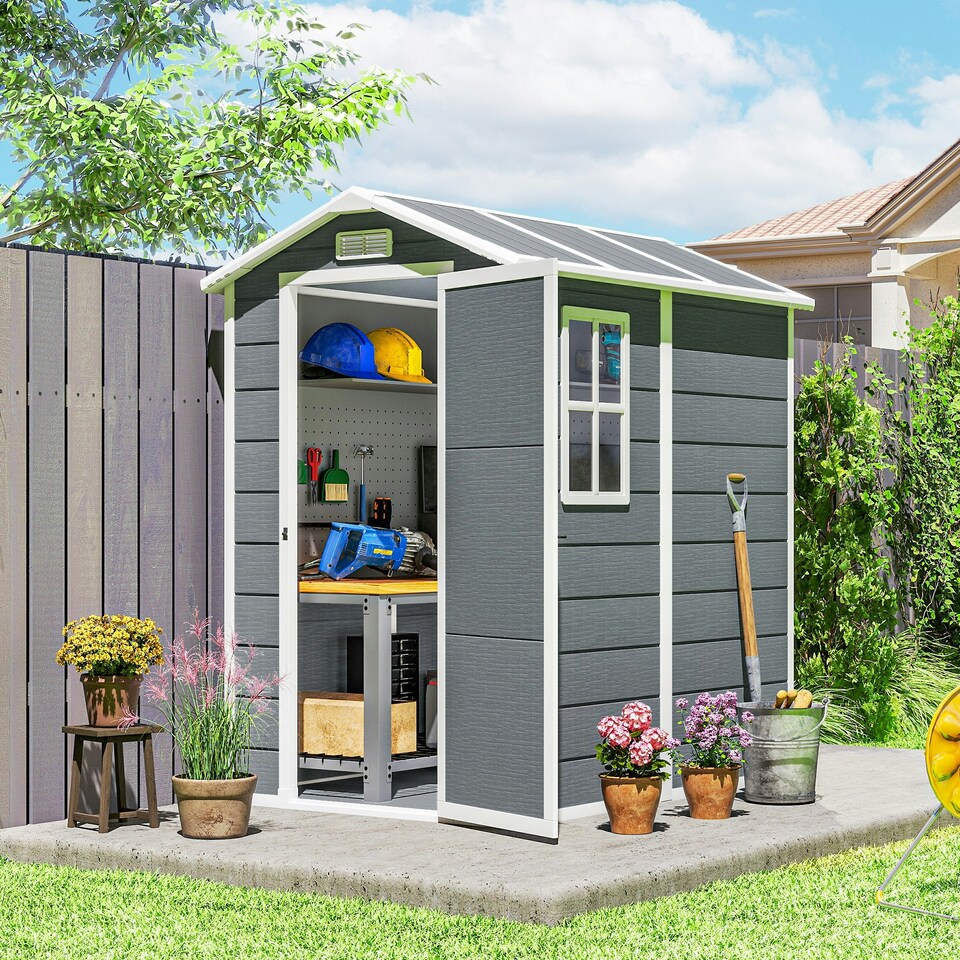 image 1 of Outsunny 4 x 6ft Plastic Garden Shed with Floor, Window and Lockable Door 