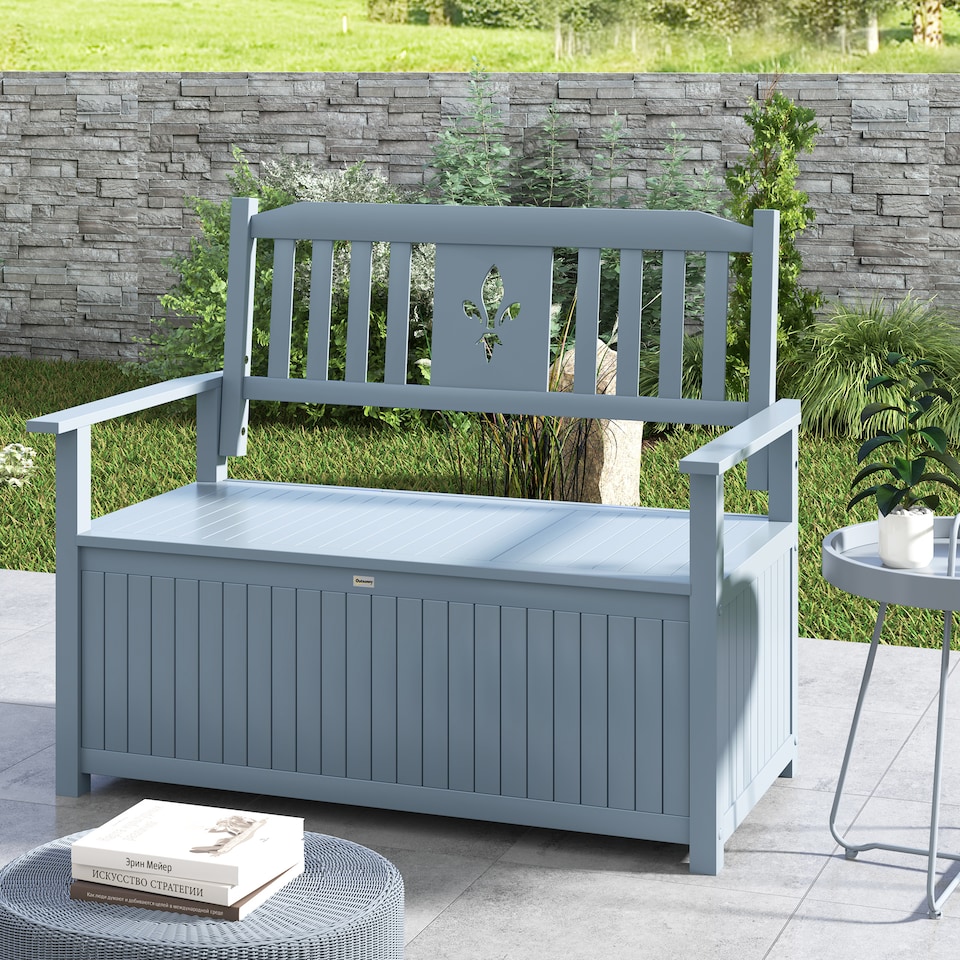 image 1 of Outsunny 2 Seater Garden Storage Bench, 164L Outdoor Storage Box with Backrest Flower Pattern, Wooden Garden Bench with Armrests, 125 x 68.5 x 97cm, Grey | Grey | Grey