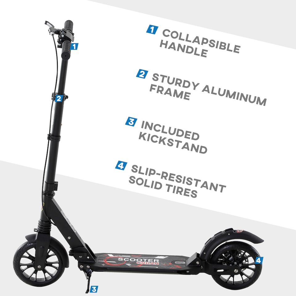 image 1 of HOMCOM Adult Teens Kick Scooter Foldable Height Adjustable Aluminium Ride On Toy for 14 older with Rear Wheel & Hand Brake, 200mm Big Wheels, Shock Mitigation System - Black