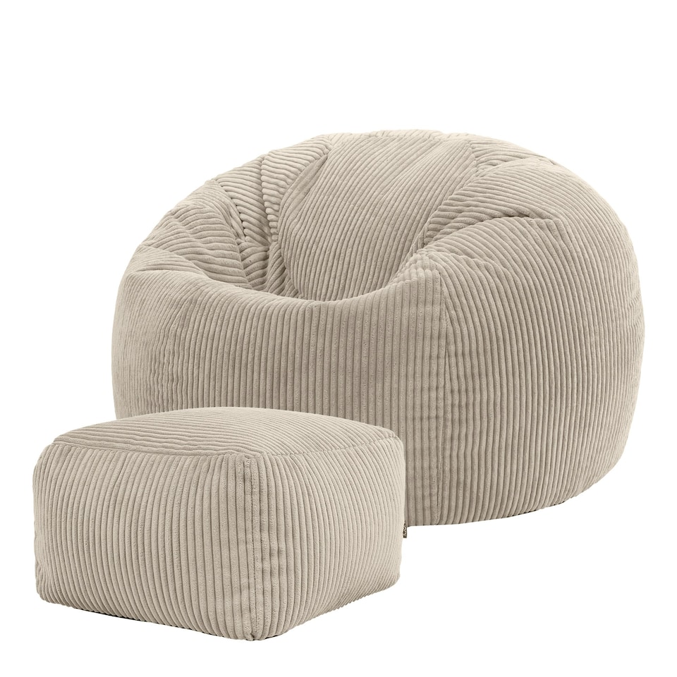 image 1 of icon Kingston Cord Adults Bean Bag Chair and Pouffe, Ready Filled Beanbag and Footstool Stone Beige Cream