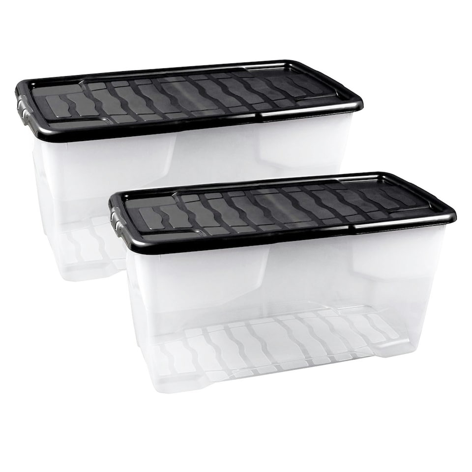image 1 of 3 x Stackable & Strong Durable 42 Litre Curve Plastic Storage Boxes With Black Lids For Home & Office Clear