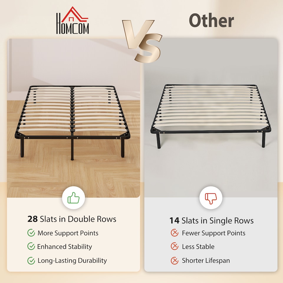 image 1 of HOMCOM 4ft6 Double Bed Frame, Metal Platform Bed Frame with 28 Wood Slats