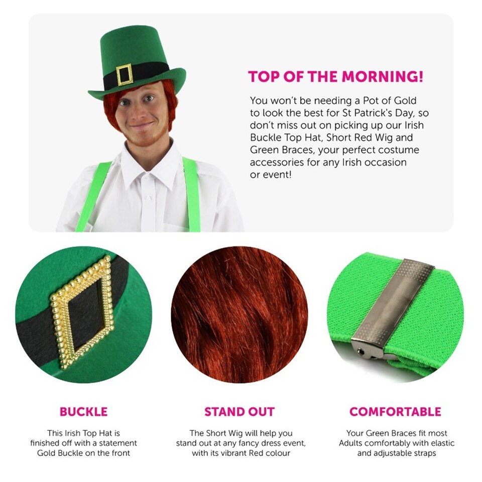 image 1 of Irish Buckle Top Hat with Short Red Wig & Green Braces | Green | 3