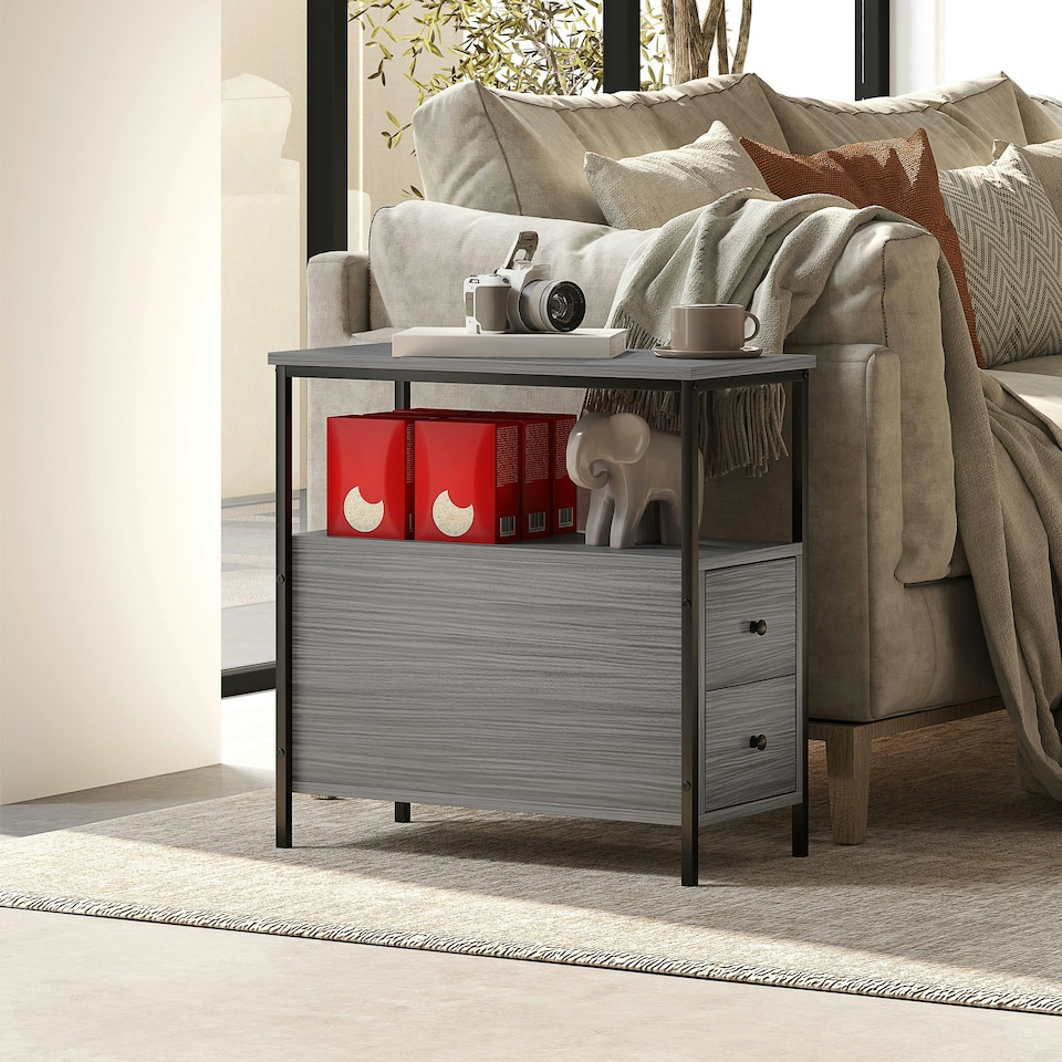 image 1 of HOMCOM Narrow End Table, Sofa Side Table with 2 Drawers Storage Shelf, Grey Grey
