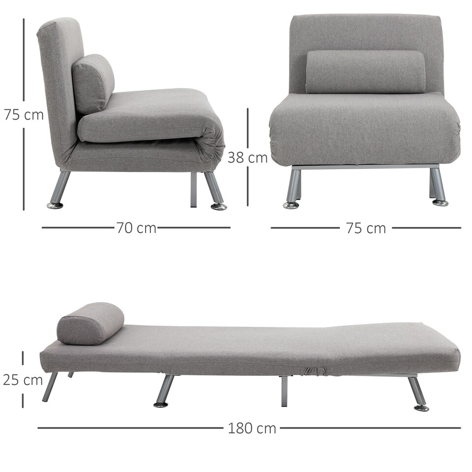 image 1 of HOMCOM Folding 5 Position Convertible Sleeper Chair Sofa Bed Grey Silver