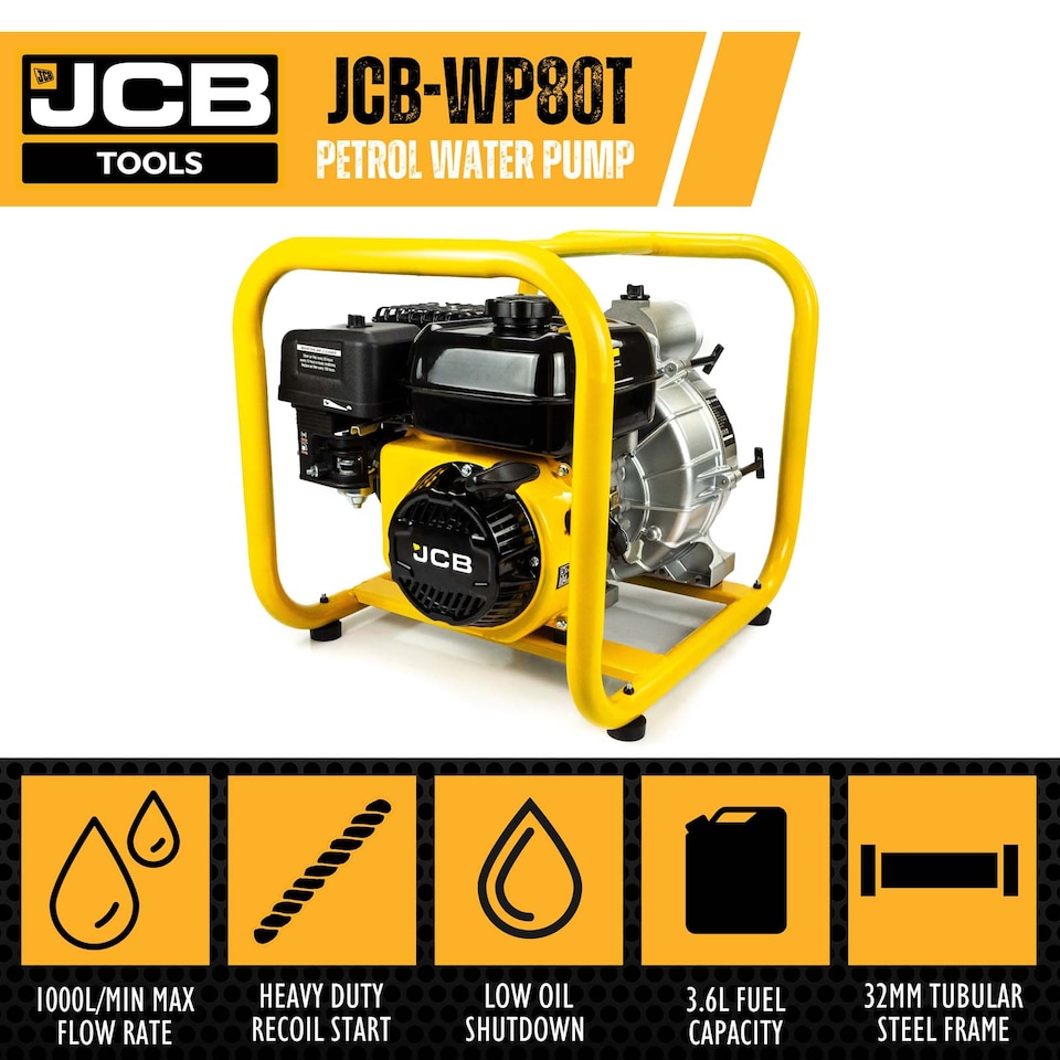 image 1 of JCB 80mm 3Inch 75mm Professional Petrol Trash Dirty Water Pump, 1000L min, 7.5hp, 224cc, 4-Stroke JCB-WP80T