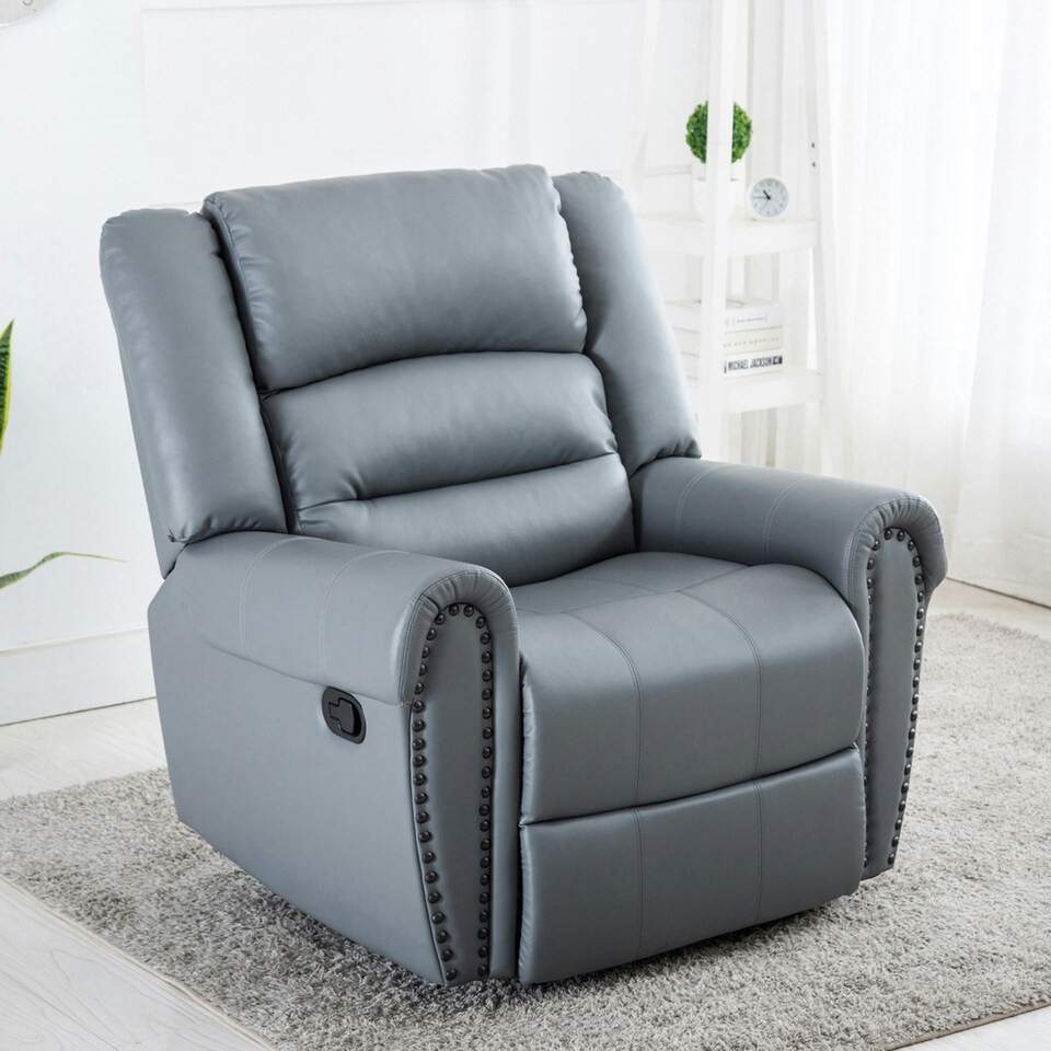 image 1 of Denver Bonded Leather Manual Recliner Stud Sofa Home Lounge Chair (Grey)