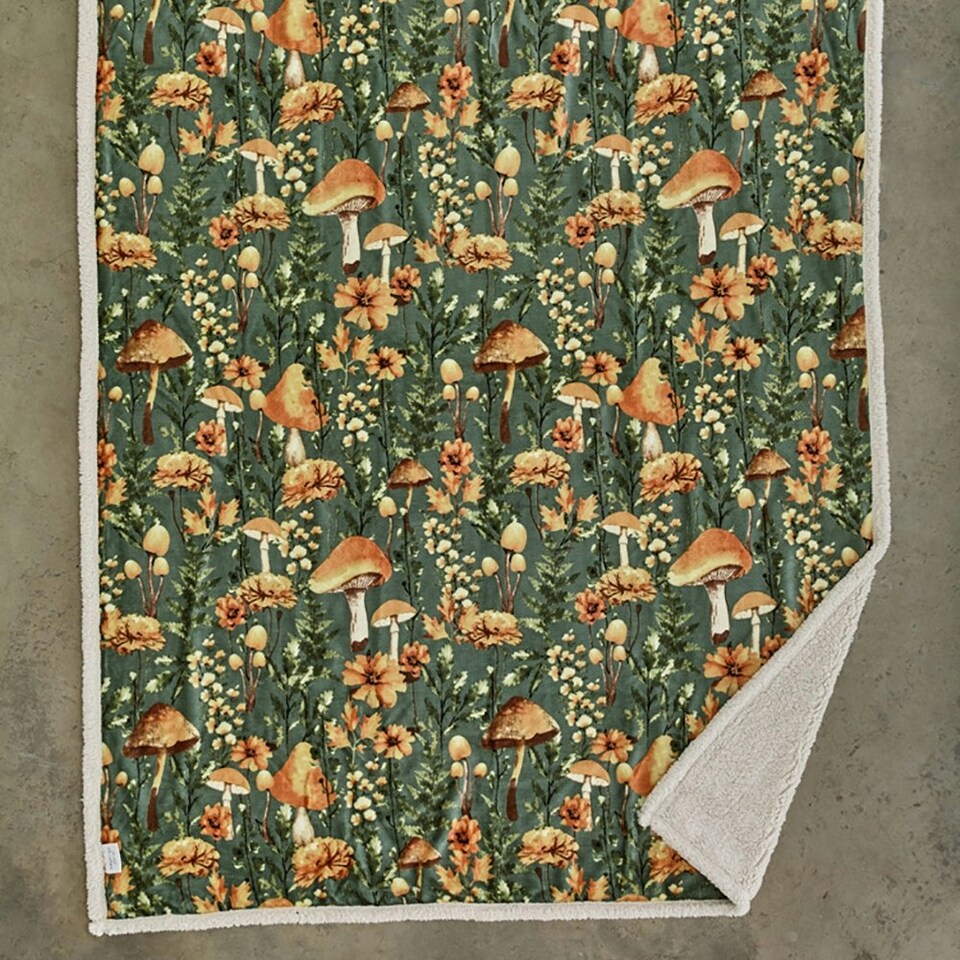 image 1 of Mushroom Sage Woodland Print Flannel Throw with Sherpa Fleece – 140x180cm Green | Sage