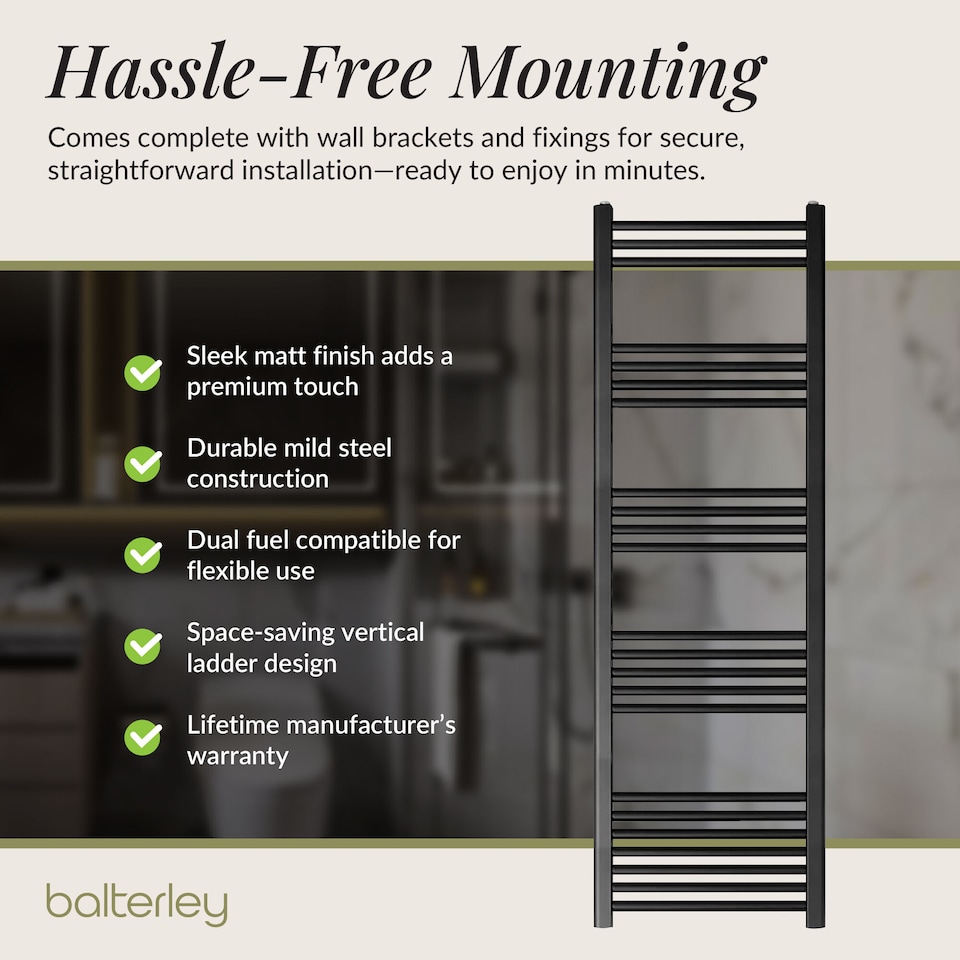 image 1 of Straight Heated Towel Rail Radiator, 781W, 500 x 1400mm, Matt Black | Black | Matt Black