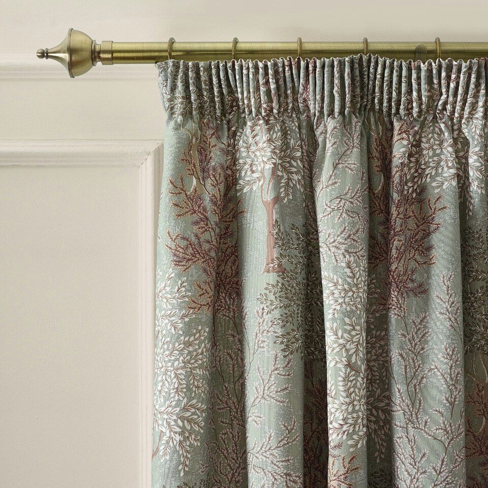 image 1 of Catherine Lansfield Woodland Trees 90x90 Inch Lined Pencil Pleat Curtains Green | Gold | Champagne Gold