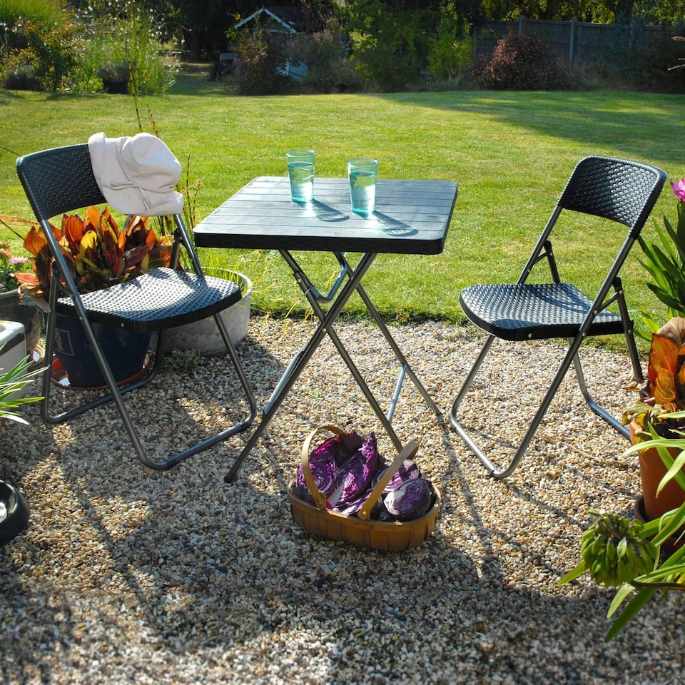 image 1 of Garden Gear Rattan Effect Folding Bistro Set Plastic Wood Effect Table