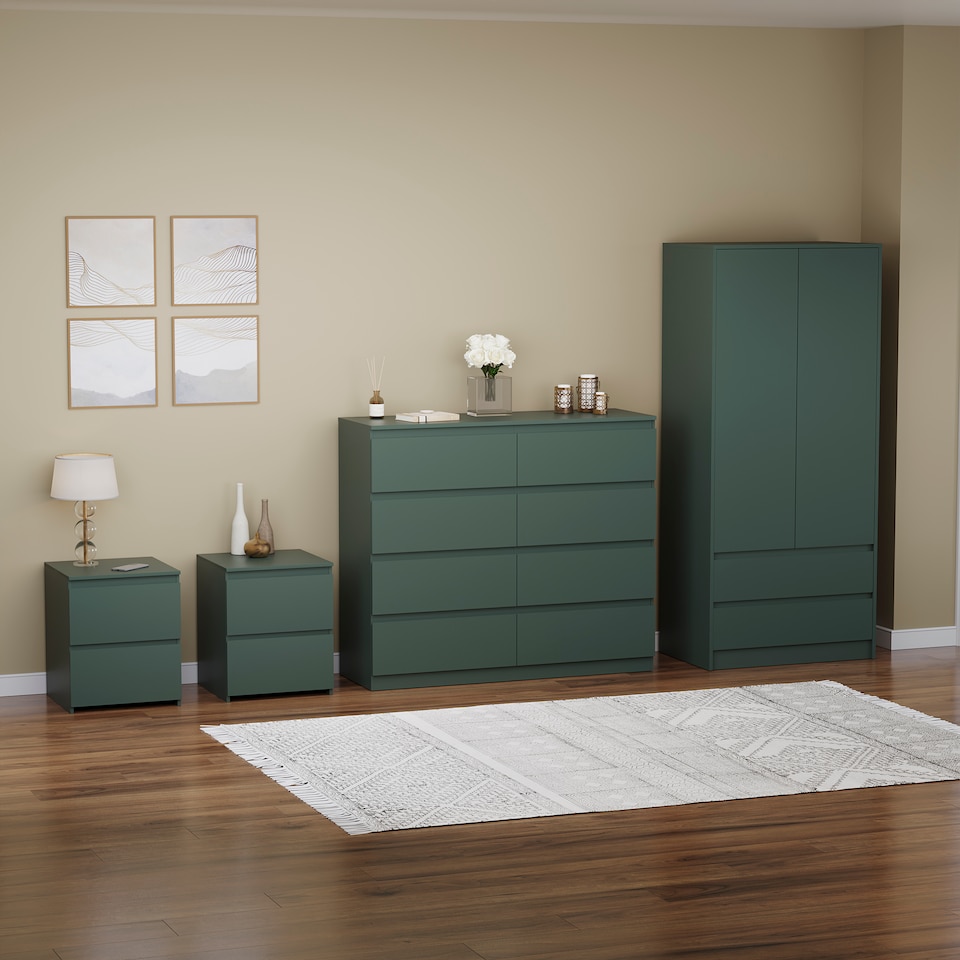 image 1 of Vida Designs Denver 4 Piece Bedroom Set (2 Drawer Large Bedside Chest, 8 Drawer Chest, 2 Door 2 Drawer Wardrobe), Green | Green | Green | L | 4